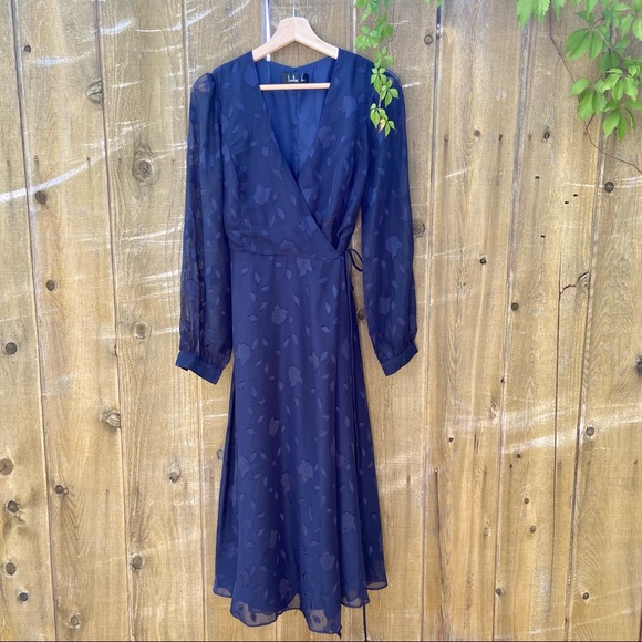 evening of elegance navy blue floral jacquard wrap midi dress